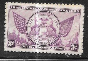 US #775  3c Michigan Centenary (MLH) CV $0.35