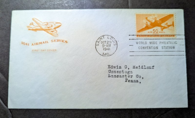 1941 USA Airmail First Day Cover FDC Saint Louis MO to Lancaster Co PA