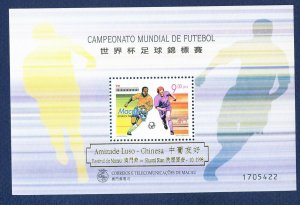 MACAU  MACAO - Scott 937a -  FVF MNH S/S - - gold o/p World Cup Soccer  1998