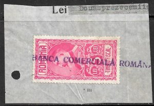 ROMANIA 1927 5L Revenue on Piece w Small BANCA COMERCIALA ROMANA Cancel VFU