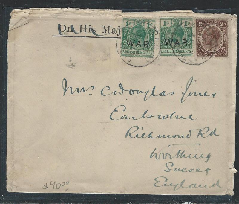 BRITISH HONDURAS  (P2105B)  KGV WAR STAMP 1CX2+2C COVER TO ENGLAND