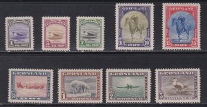 Greenland # 10-18, King Christian X & Pictorials, Hinged, 1/2 Cat.