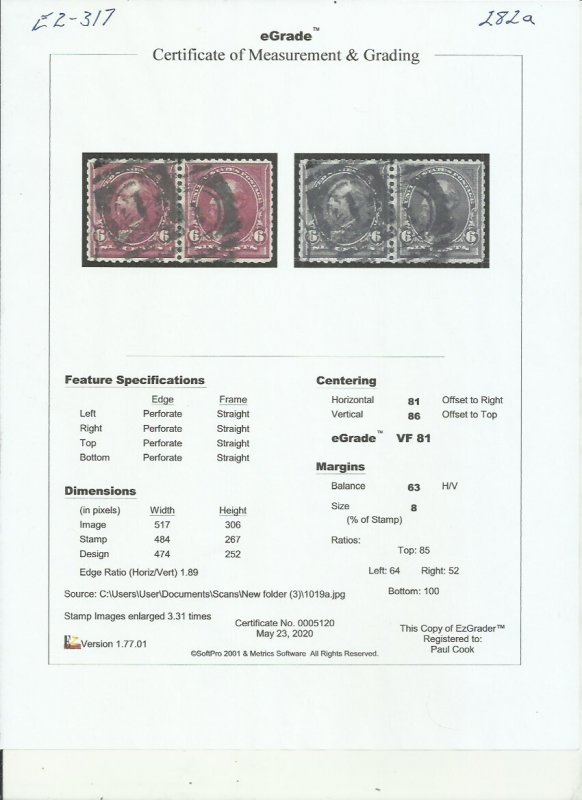 # 282a Purple Lake Used PAIR Garfield One stamp XF SCV-120.00