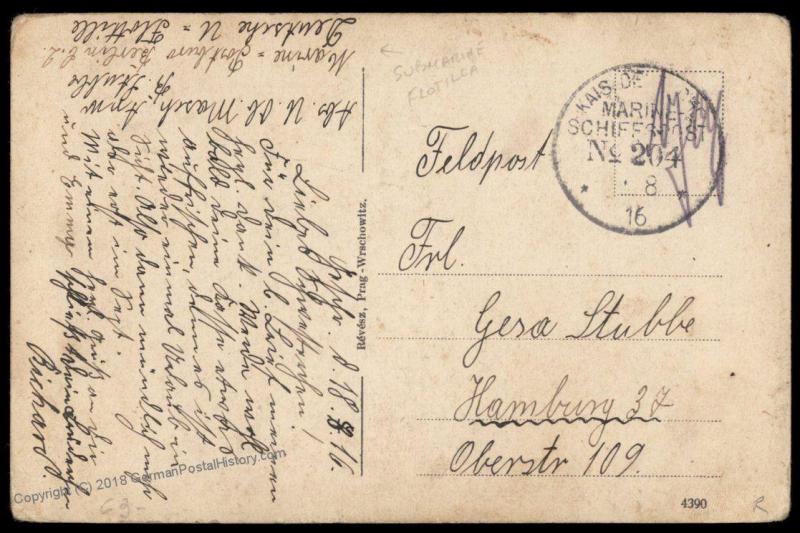 Germany WWI 1917 MSP204 USED POLA UBoot Submarine Command Feldpost Cover 77604