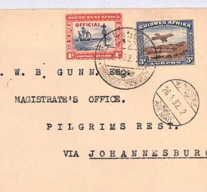 SOUTH WEST AFRICA Air Mail Cover 1d OFFICIAL Windhoek 1932 Pilgrims Rest YO265