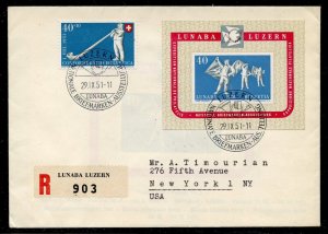 SWITZERLAND SCOTT # B206 LUNABA SOUVENIR SHEET REG-COVER TO NEW YORK