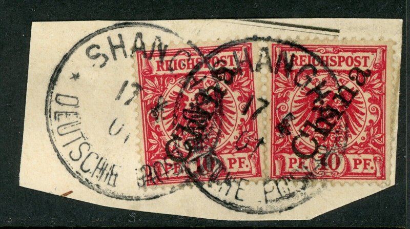 China 1898 Germany 10 Pfenning Michel 3 II (Sc #3) Shanghai Cancel Pair E970