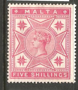 MALTA  1886  5/-  QV  MH  WMK INVERTED  SG 30w