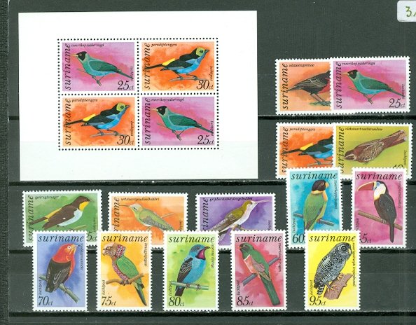 SURINAM BIRDS #C58-71 + #C60a...SET & SOUV. SHEET...MINT VERY LIGHT H...$17.00