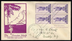 United States First Day Covers #799-1, 1937 3c Hawaii, block of four, Parsons...