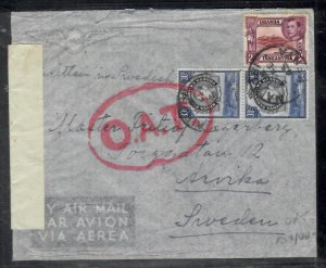 KENYA, UGANDA,TANGANYIKA COVER (P3004B) KGVI 2/-+30CX2 OAT CENSOR COVER-SWEDEN