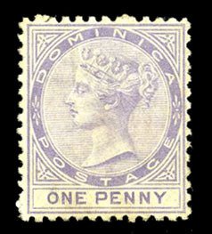 Dominica #1 Cat$170, 1874 1p violet, hinged, faint toned spots on gum