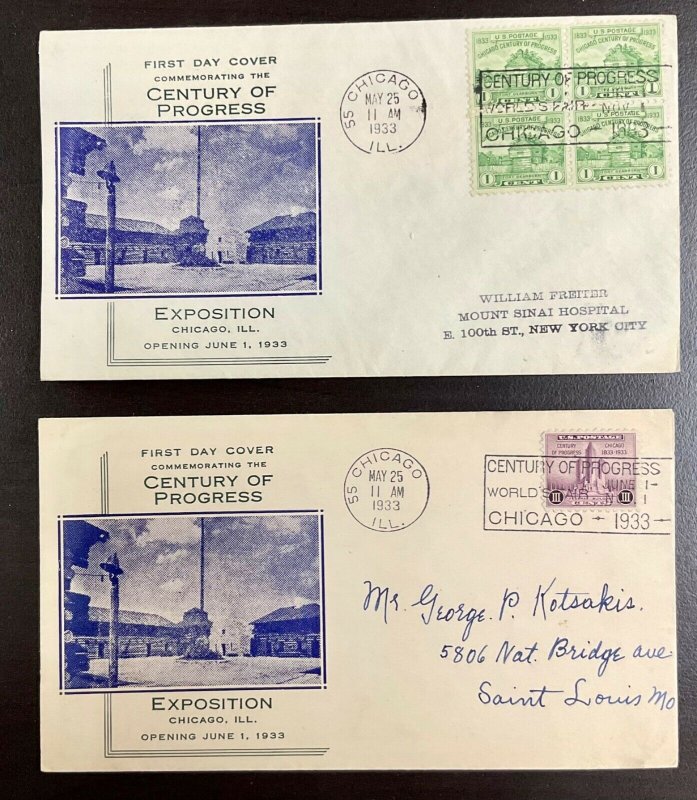 728-729 Two John Gill Cachets 1933 Century of Progress FDC   P-33