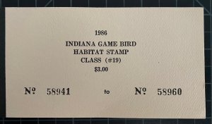 US Stamps - 1986 Indiana Game Bird Habitat Stamp - Book Of 20 With Register Tab