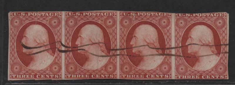 $US Sc#10a used, rare strip of 4, 76L2e-79L2e, 2 sm. tears, Cv. $1500++