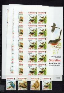 GIBRALTAR 1999 WILDLIFE SET OF 4 STAMPS & 4 SHEETS OF 10 STAMPS MNH