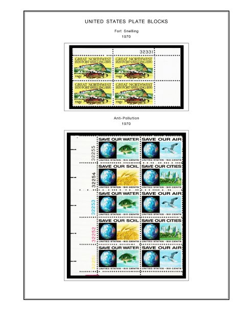 COLOR PRINTED US PLATE BLOCKS 1970-1975 STAMP ALBUM PAGES (68 illustrated pages)