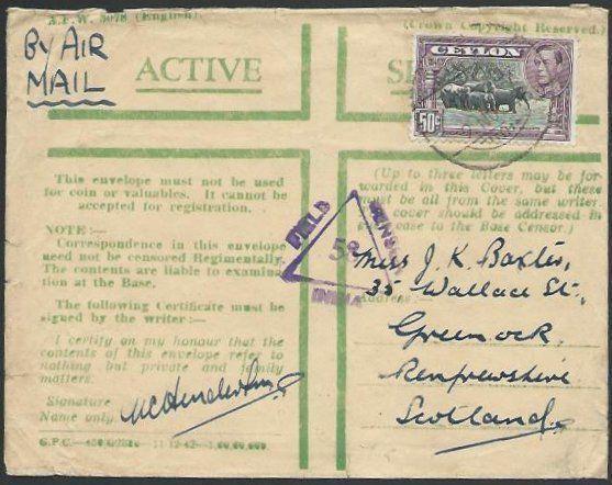 CEYLON WW2 1943 censored Honour envelope, Indian FPO 74 cancel.............56641