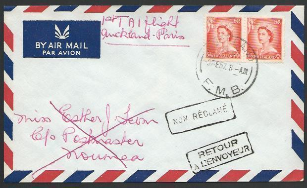 NEW ZEALAND 1957 first flight cover to New Caledonia, Unclaimed Returned...11470