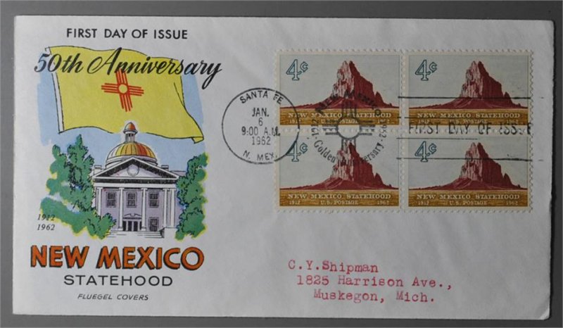 1191 FDC 4¢   New Mexico Statehood  block/4   Fluegel Cachet