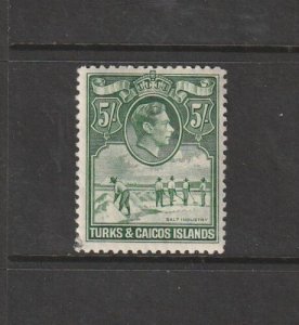Turks & Caicos Islands 1938 GV1 Defs, 5/- Yellowish Green LMM SG 204 