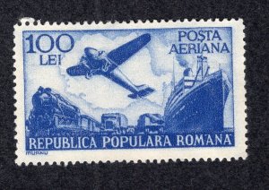 Romania 1948 100 l ultramarine Airmail, Scott C34 MNG, value = $3.75