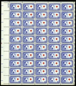 US Stamp - 1952 Red Cross - 50 Stamp Sheet - Scott #1016