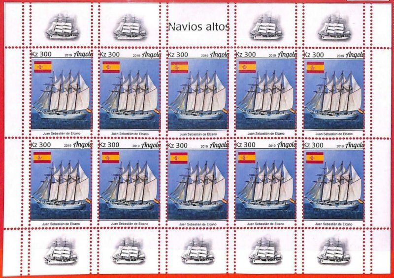 A1556 -ANGOLA - ERROR: MISSPERF  FULL SHEET x10 -  2019 Boats SPAIN flags