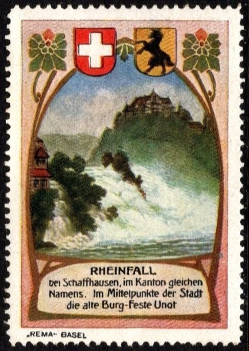 Vintage Switzerland Poster Stamp Rhine Falls Near Schaffhausen, Canton Same Name