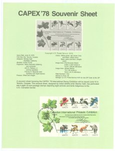 US SP452/1757 1978 Capex '78 Souv. Sheet with 8 Wildlife (Animal, Bird) stamps on USPS Souvenir Page FDC, #1757 with Fir...