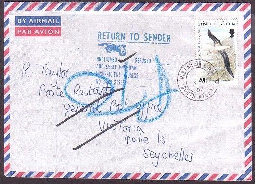 TRISTAN DA CUNHA 1997 cover to Seychelles - returned to sender.............35351