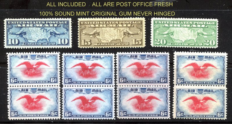 Quality Mint AIR selection  11 stamps total C7, C8, C9, +C23(8)