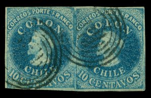 CHILE 1857 COLUMBUS - Estancos -  10c sky blue  Sc# 10 used XF Pair