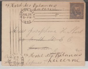 U.S. Scott #223 Cover - 26 Jul Boston to London Forwarded to Lucerne Switzerland