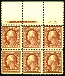 U.S. #334 MINT PL# BLOCK OF 6 OG LH