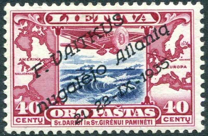 LITHUANIA-1935 Atlantic Flyer Vaitkus 40c Blue & Red Sg 407A 3 x experts 