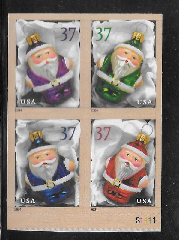 #3887-90 MNH Santa Ornaments Booklet Plate Block of 4