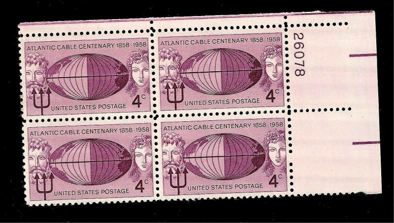 US 1958 Sc# 1112 4 c Atlantic Cable Mint NH Plate Block of 4