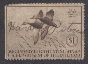 US Sc RW7 used 1940 $1 black Mallards, Duck Stamp