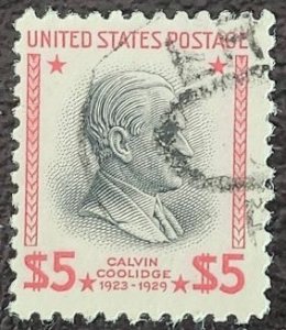 US Scott # 834; used $5 C Coolidge from 1938; VF centering; off paper
