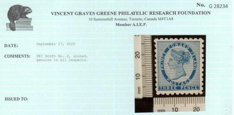 Prince Edward Island #2 Mint Very Fine Unused (No Gum) **With Certificate**