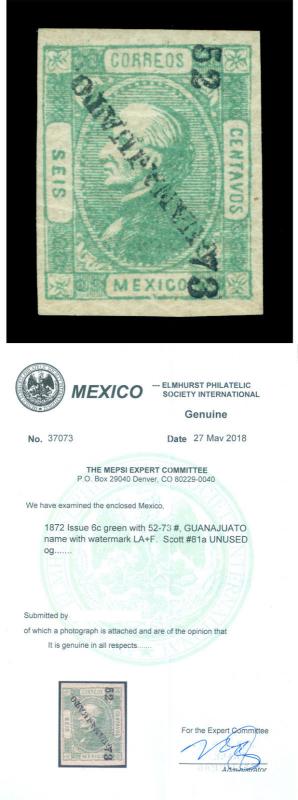 MEXICO 1872  HIDALGO  6c green  Wmk LA+F   Scott # 81a mint MH VF-XF  w/Cert.  R