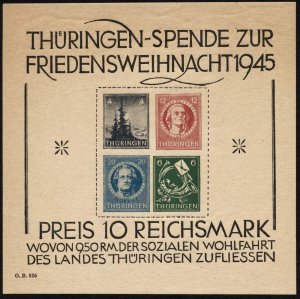 Germany Thuringia 1945 Christmas Souvenir Sheet #16N7b Block 2 Type IV Mint LH
