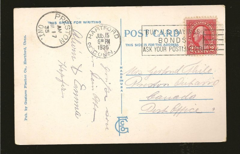 USA SC#554 on PM 1935 Hartford Conn Travelers Tower Postcard Used