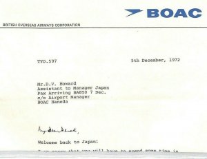 JAPAN AVIATION 1972 GB BOAC Letter *HANEDA AIRPORT* Manager {samwells-covers}CE8