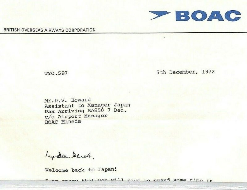 JAPAN AVIATION 1972 GB BOAC Letter *HANEDA AIRPORT* Manager {samwells-covers}CE8