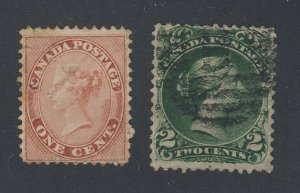 2x Canada Early  Stamps; #14-1c Victoria F+ #24-2c F/VF Guide Value = $130.00