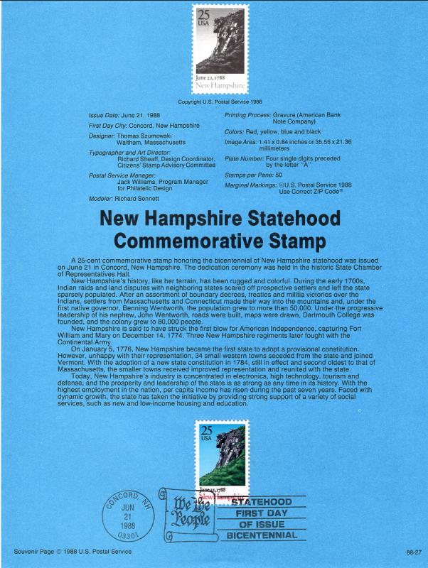 US SP808 New Hampshire Statehood 2344 Souvenir Page FDC