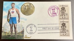 2089 Ham Hand painted Jim Thorpe, Athlete FDC 1984 U/O Prague, OK cancel