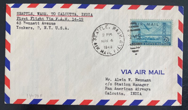 1949 Seattle WA Usa first flight Airmail cover FFC To Calcutta India 